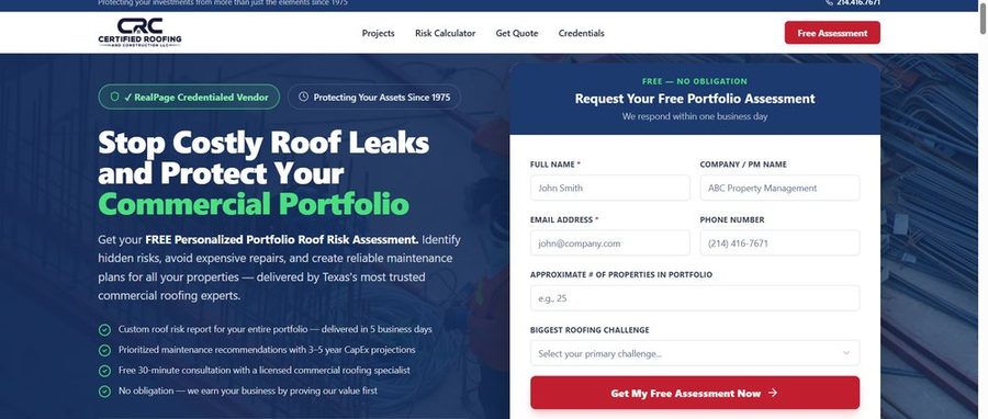 Certified Roofing sales funnel preview